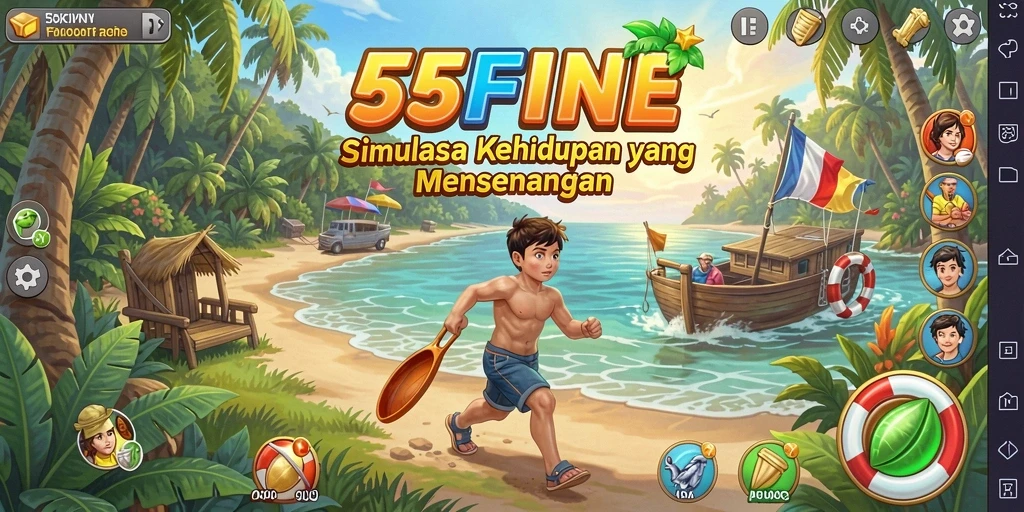 Screenshot gameplay <strong>55FIVE</strong> yang menunjukkan desain interaktif dan karakter yang menarik.