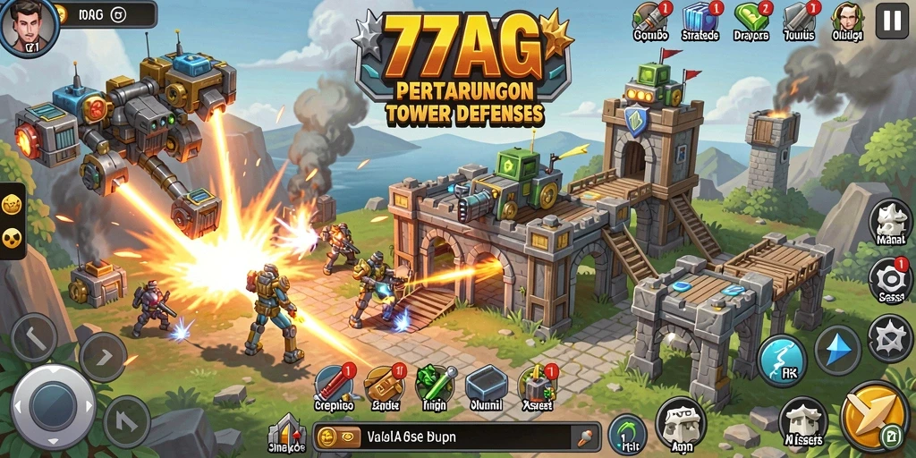 Tampilan gameplay menegangkan dalam 77AG, menara mempertahankan kerajaan.