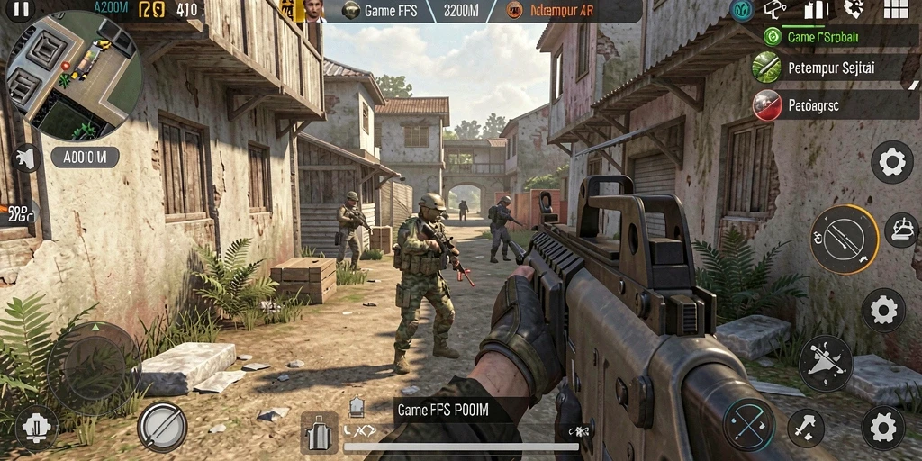 Tampilan gameplay A200M yang menegangkan di medan perang FPS.
