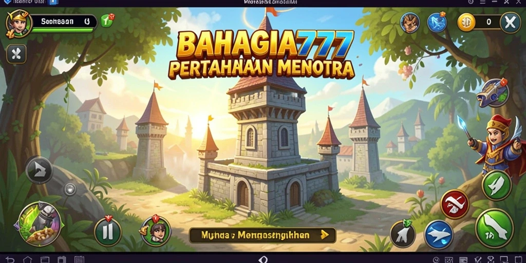 Tampilan gameplay menarik dari BAHAGIA777 dengan menara pertahanan beragam.