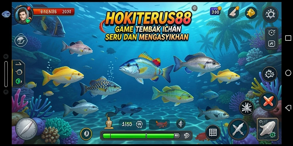 Tampilan gameplay HOKITERUS88 dengan berbagai ikan berwarna-warni.