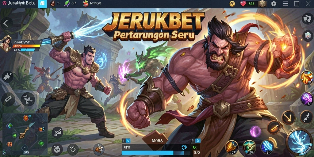 Tampilan utama JERUKBET yang menampilkan aksi seru dalam pertarungan MOBA.