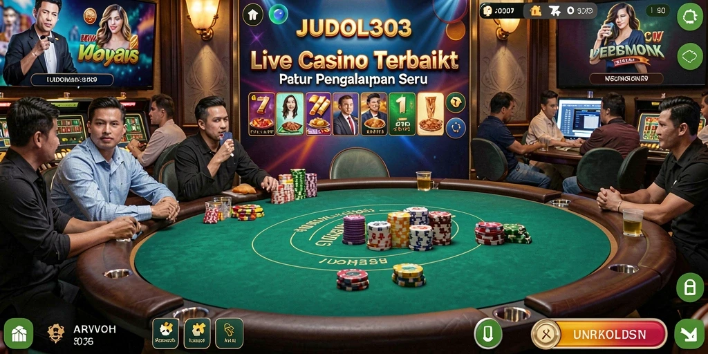 Screenshot gameplay JUDOL303 menampilkan dealer dan meja permainan yang menarik.