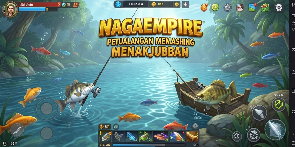 Tampilan gameplay NAGAEMPIRE yang memikat saat memancing ikan.