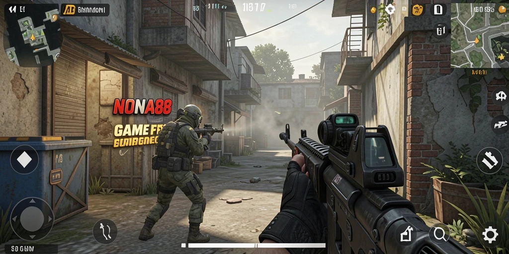 Screenshot NONA88 menampilkan aksi tembak-menembak mendebarkan dalam gameplay FPS.