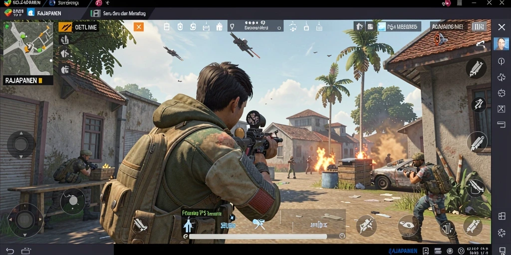 Screenshot utama RAJAPANEN menampilkan aksi tembak-menembak intens.