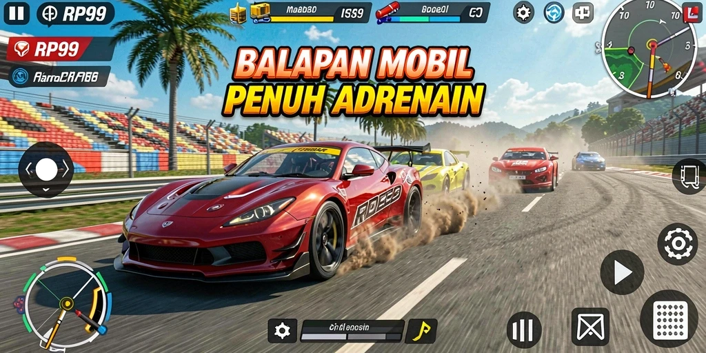 Gameplay seru dalam RP99 saat mobil balap melaju cepat di lintasan.