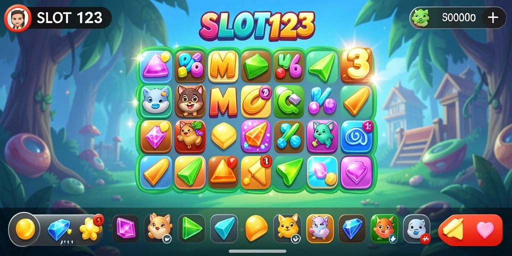 Screenshot gameplay SLOT123 menunjukkan aksi seru mencocokkan elemen.