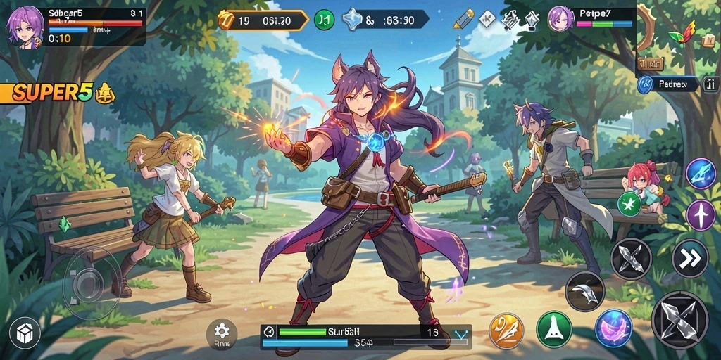 Tampilan gameplay SUPER5 yang penuh aksi dan warna.