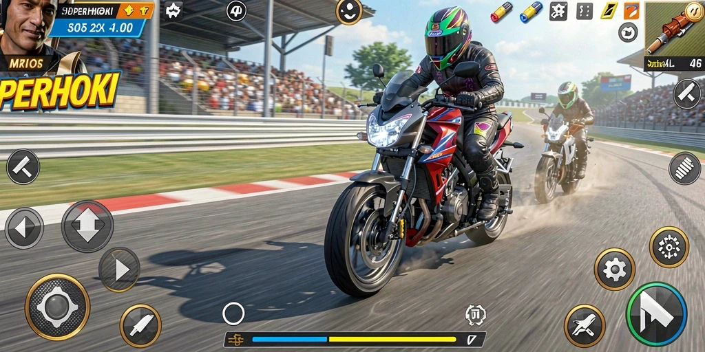 Gameplay menegangkan dari SUPERHOKI dengan balapan motor yang seru.